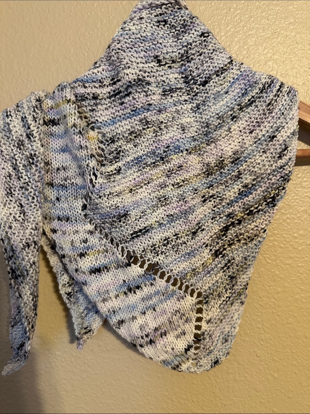 Hand Knit Handkerchief Triangle Shawl made with wool blend yarn Purple & Black